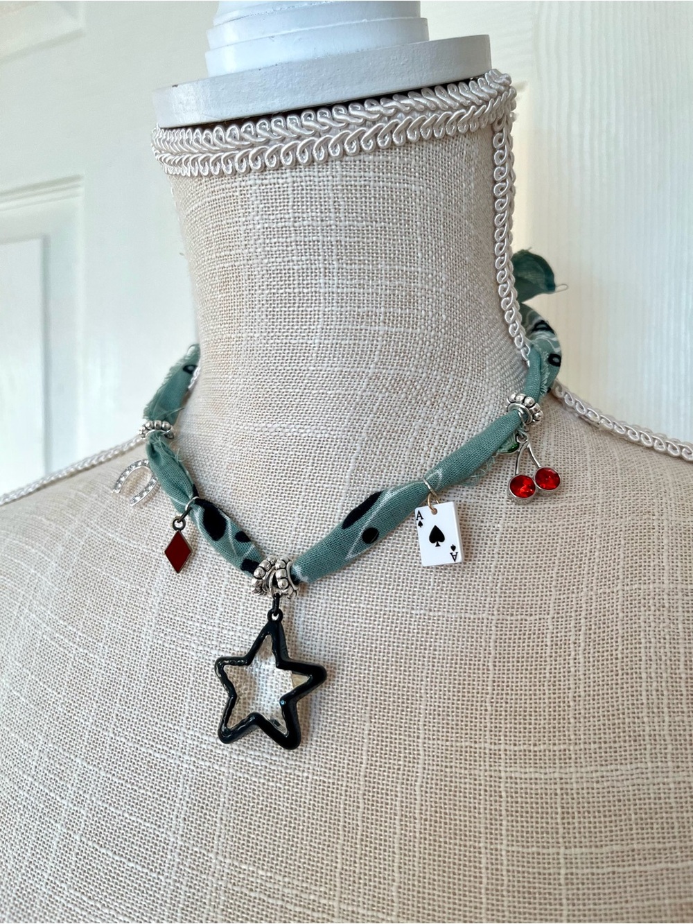 Handmade Teal Fabric Charm Necklace with Black Star Pendant